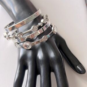 VINTAGE SET OF 4 ART DECO ALLOY SILVER BRACELETS 2 WITH CRYSTALS AND 2 PLAIN